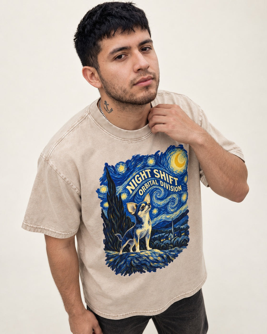 Chihuahua Night Shift Orbital Division Starry Night Graphic Washed Tee in Apricot, worn by a model