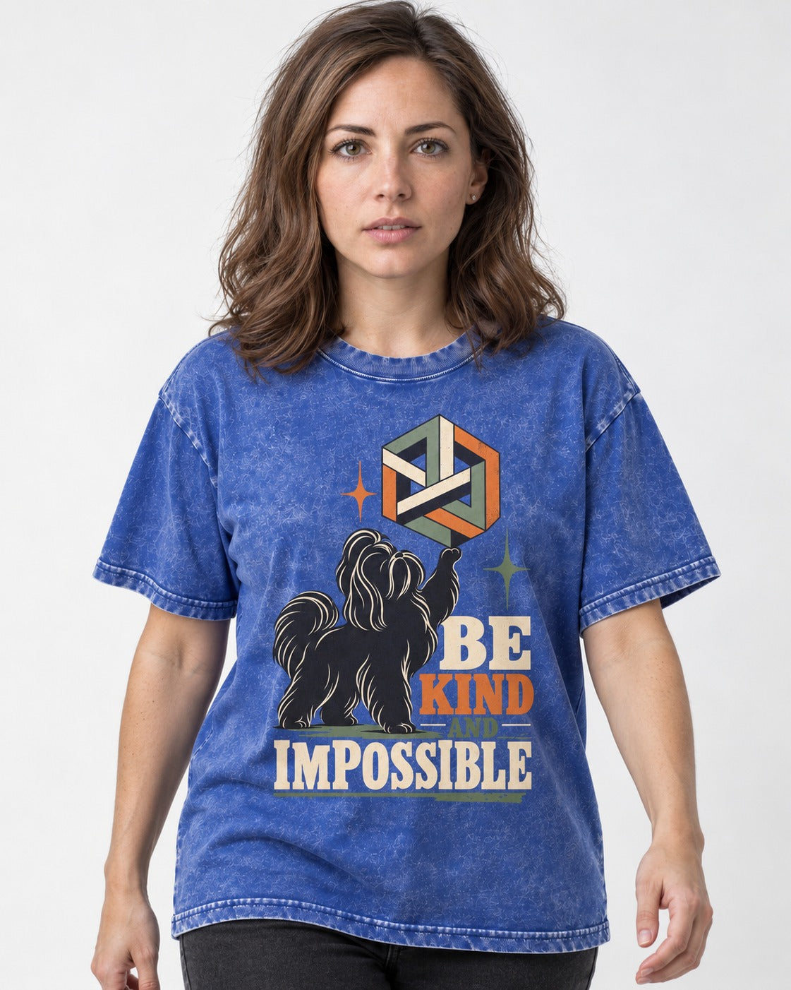 Shih Tzu Be Kind and Impossible Geometric Cube Graphic Washed Tee in Royal Blue, worn by a model