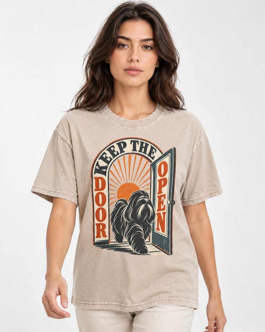 Shih Tzu Keep the Door Open Retro Doorway Graphic Washed Tee in Apricot, worn by a model