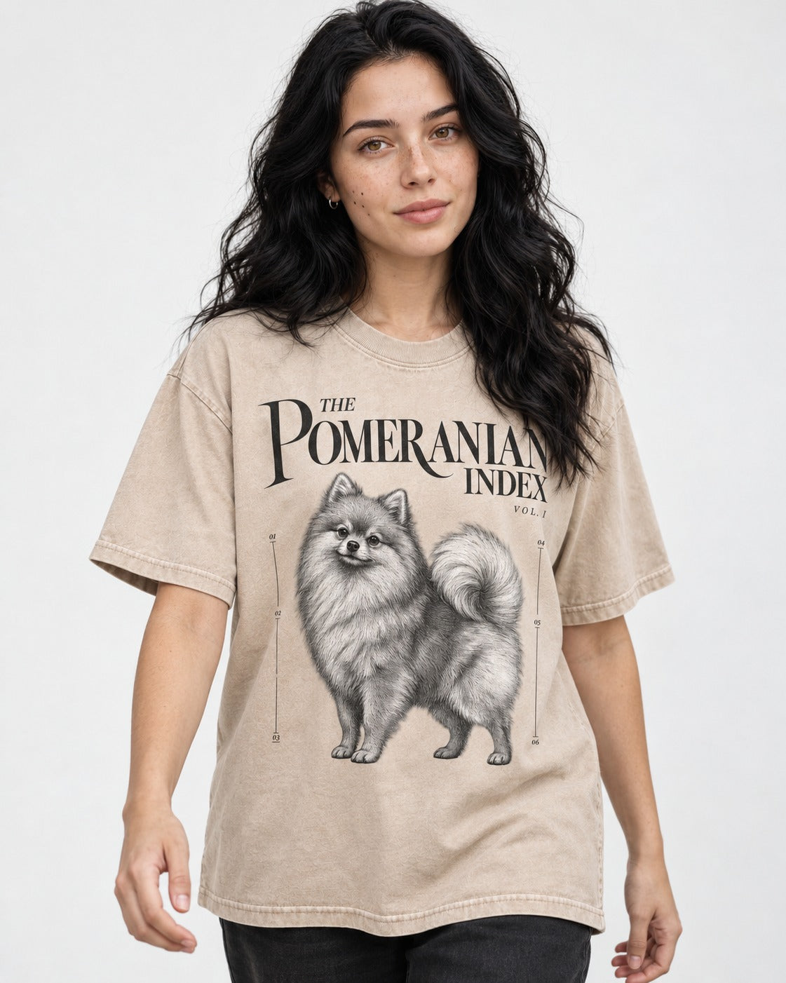 The Pomeranian Index Washed Tee in Apricot, worn by a model