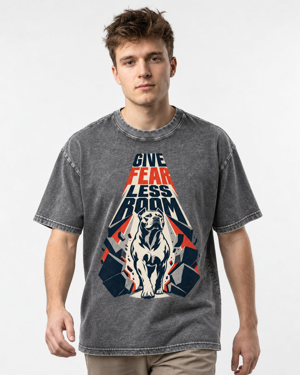 Pitbull Give Fear Less Room Breakthrough Graphic Washed Tee in Gray, worn by a model