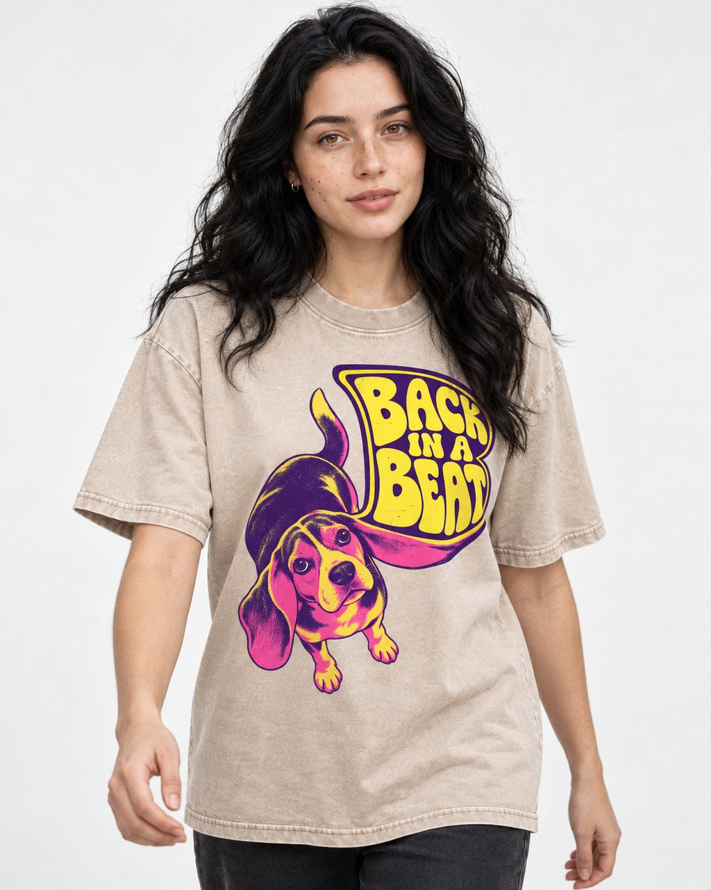 Groovy Beagle Back In A Beat Washed Tee in Apricot, worn by a model
