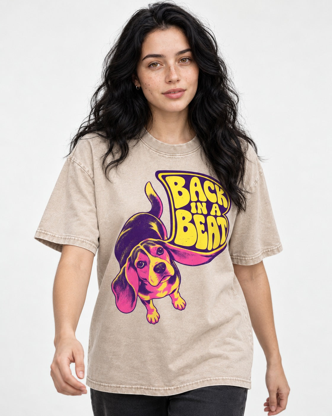 Groovy Beagle Back In A Beat Washed Tee in Apricot, worn by a model