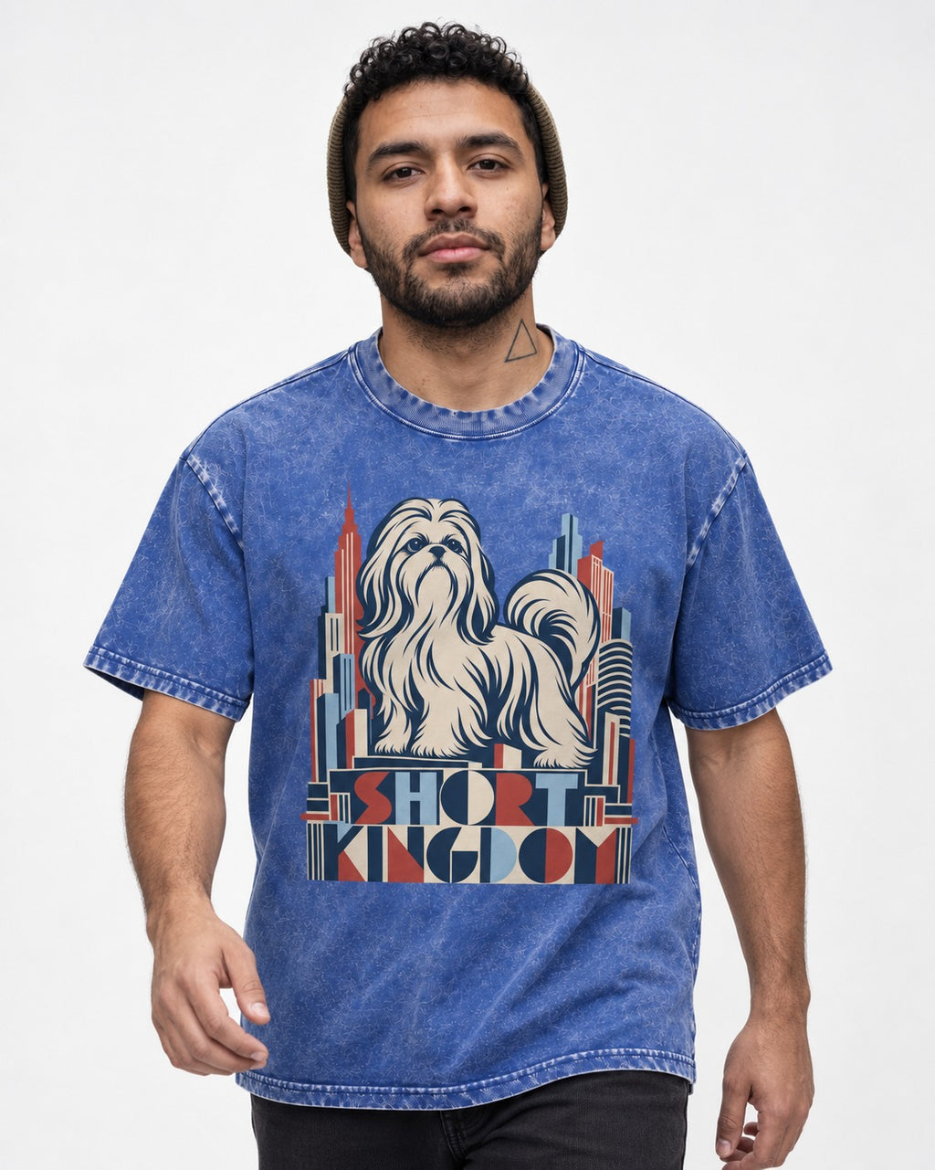 Shih Tzu Short Kingdom Art Deco Skyline Graphic Washed Tee in Royal Blue, worn by a model