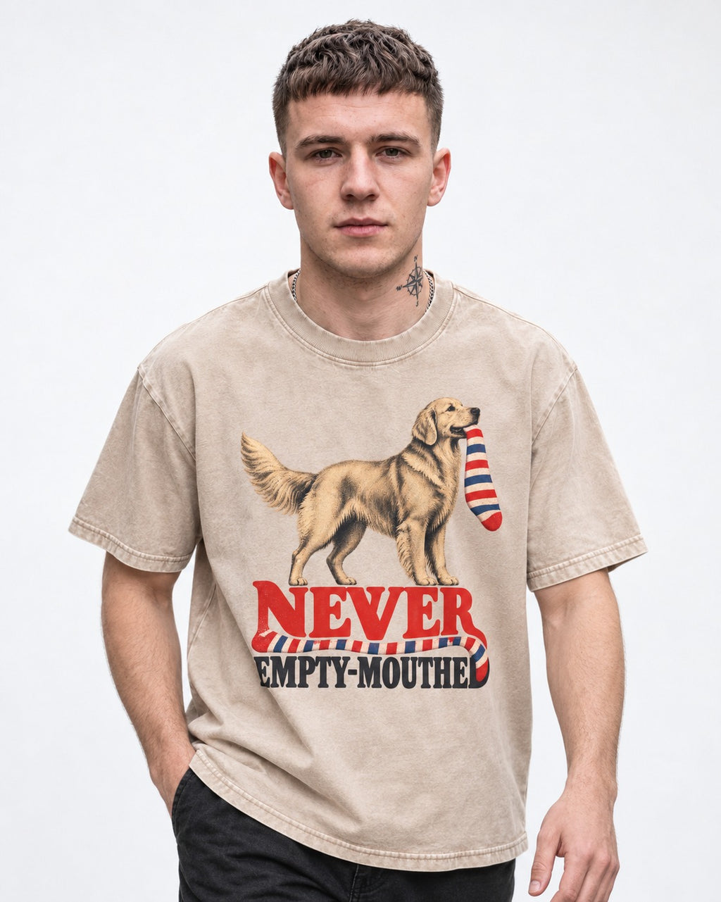 Never Empty Mouthed Golden Retriever Washed Tee in Apricot, worn by a model