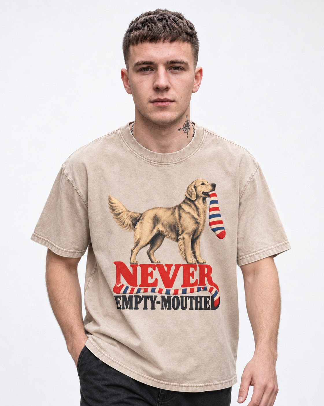 Never Empty Mouthed Golden Retriever Washed Tee in Apricot, worn by a model
