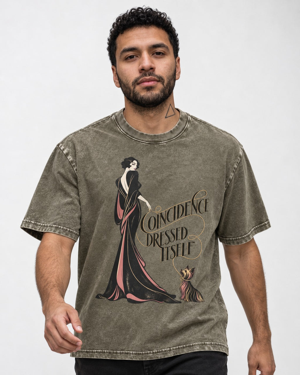 Yorkshire Terrier Coincidence Dressed Itself Art Deco Graphic Washed Tee in Army Green, worn by a model