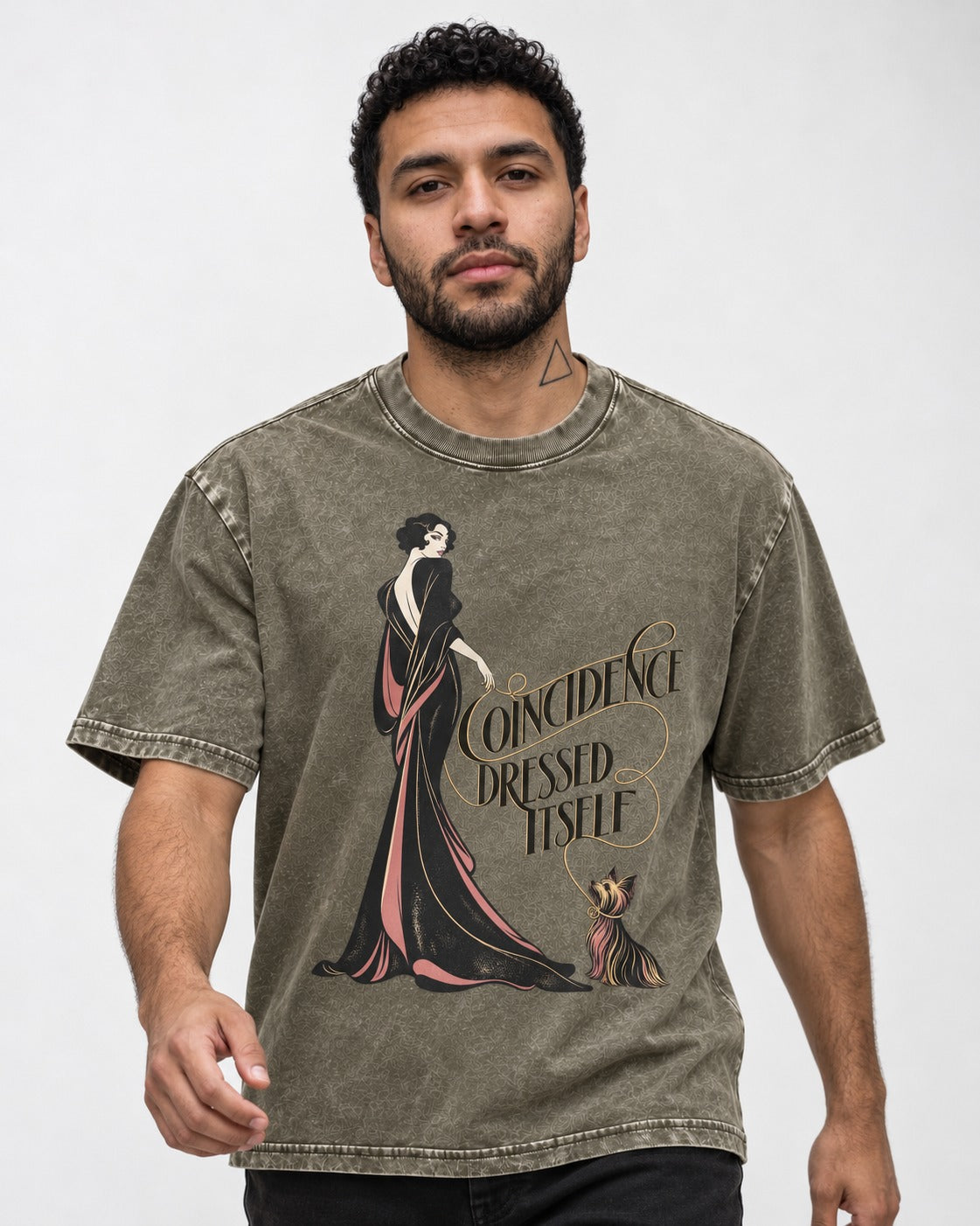 Yorkshire Terrier Coincidence Dressed Itself Art Deco Graphic Washed Tee in Army Green, worn by a model