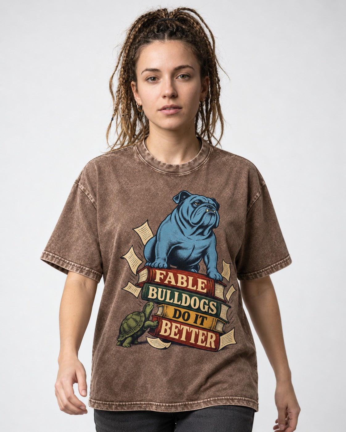 English Bulldog Does It Better Washed Tee in Coffee, worn by a model