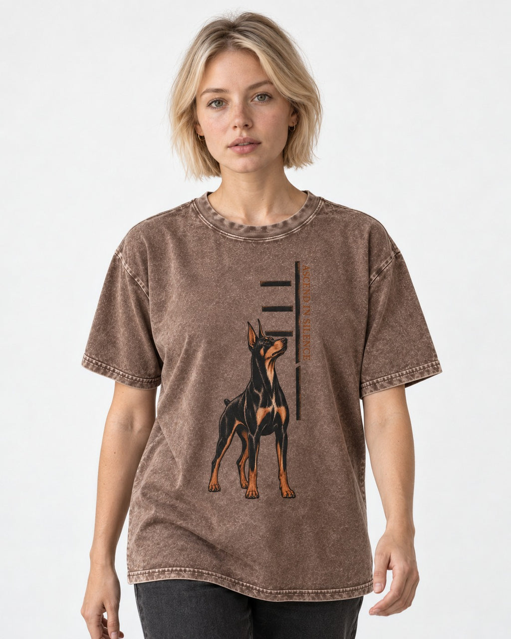 Doberman Ascend in Silence Washed Tee in Coffee, worn by a model