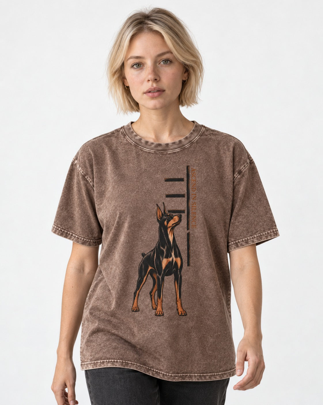 Doberman Ascend in Silence Washed Tee in Coffee, worn by a model