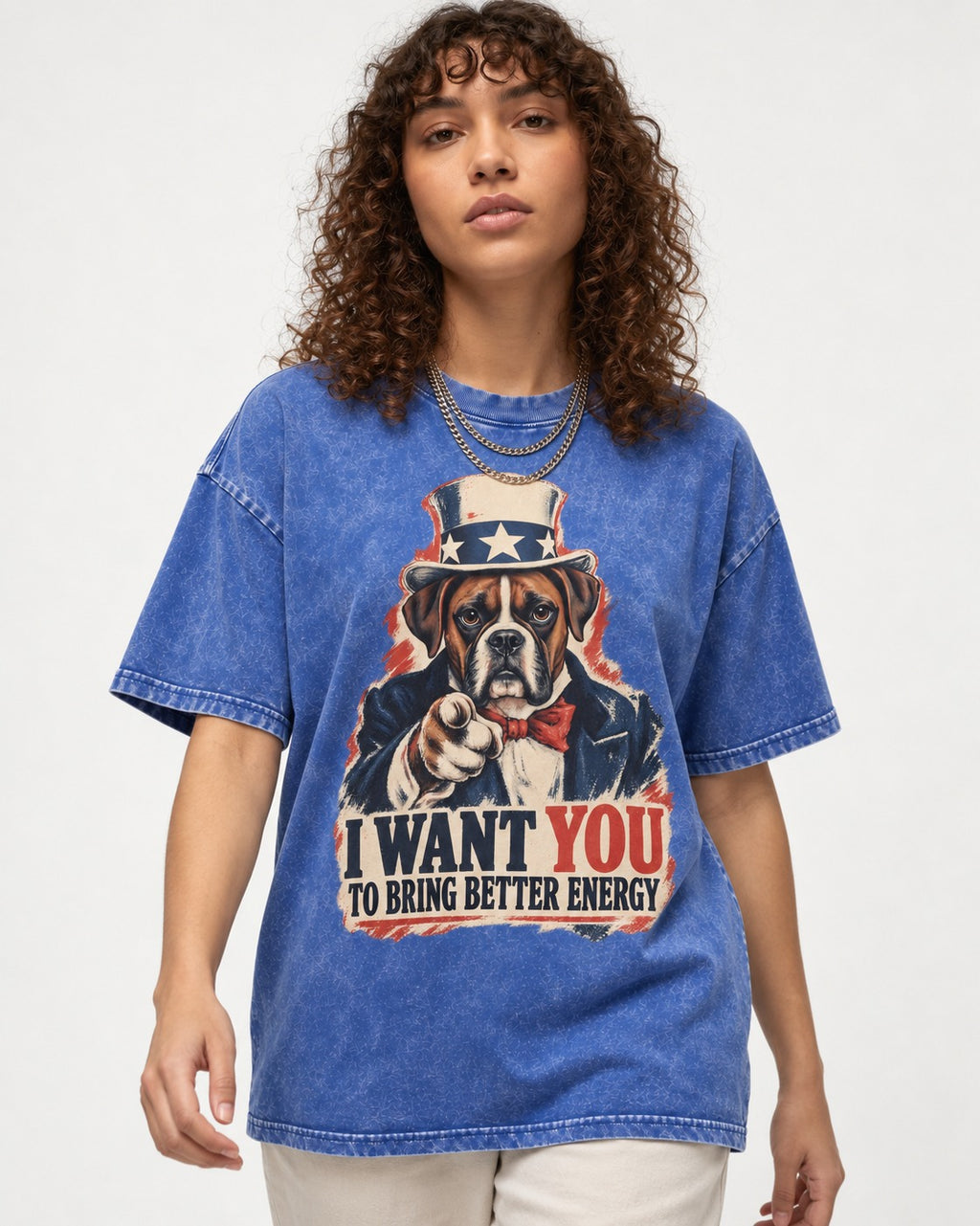 I Want You to Bring Better Energy Boxer Recruitment Poster Graphic Washed Tee in Royal Blue, worn by a model
