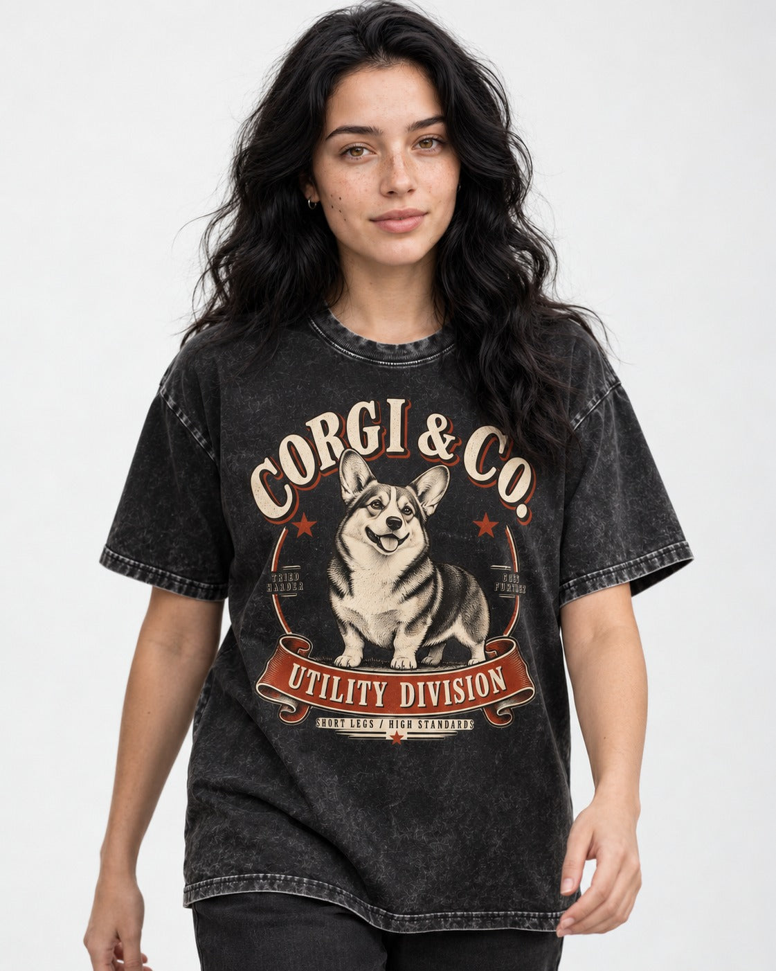 Corgi and Co Utility Division Emblem Washed Tee in Black, worn by a model