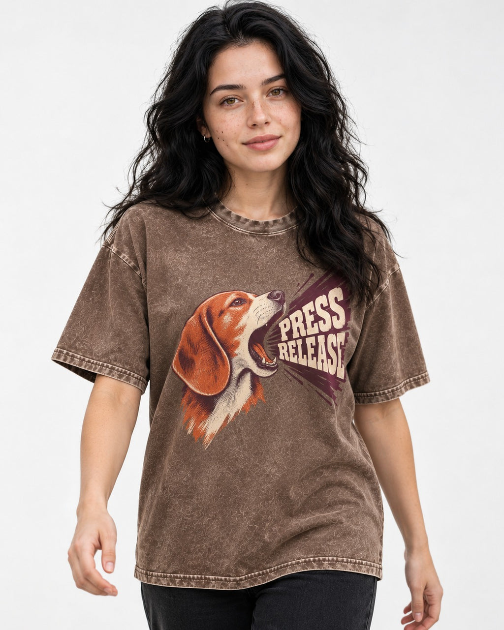 Beagle Press Release Washed Tee in Coffee, worn by a model