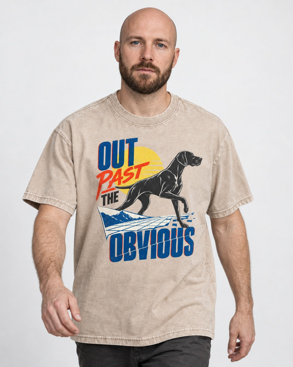 Out Past the Obvious German Shorthaired Pointer Washed Tee in Apricot, worn by a model