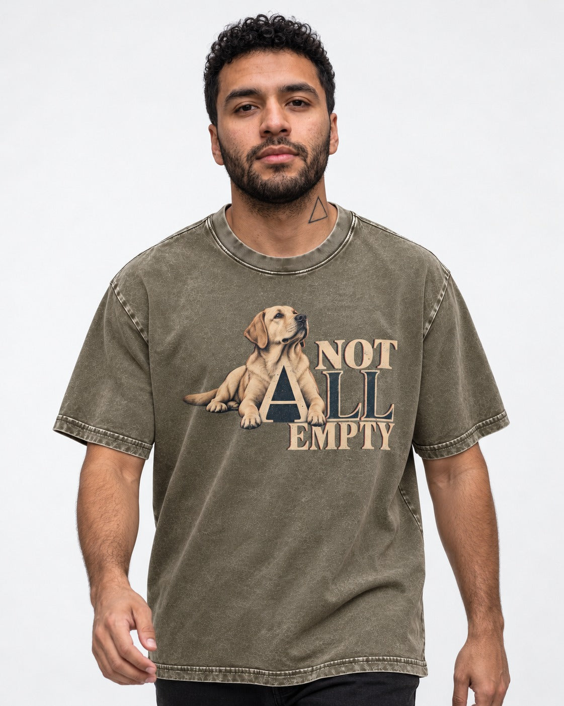 Labrador Retriever Not All Empty Lounging Typography Graphic Washed Tee in Army Green, worn by a model