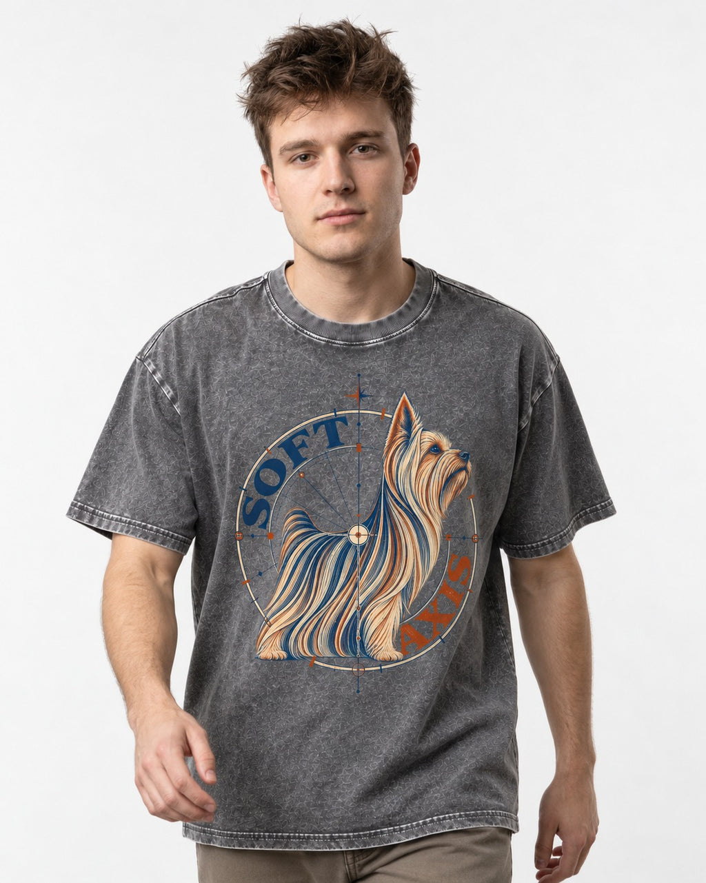 Soft Axis Yorkshire Terrier Washed Tee in Gray, worn by a model