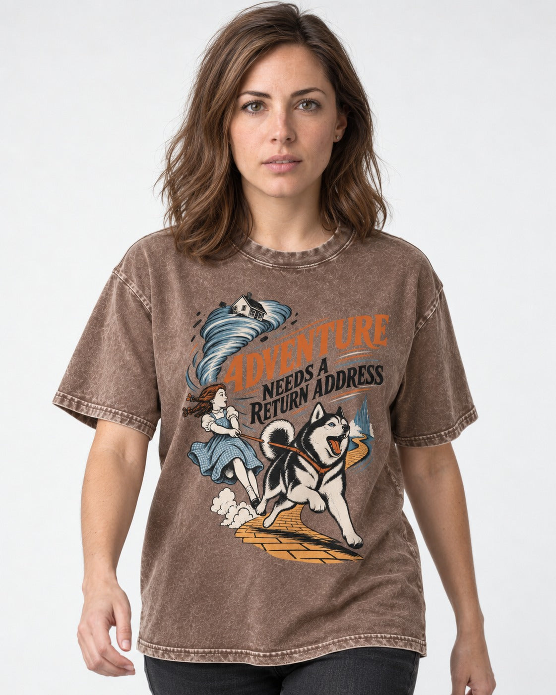 Husky Needs a Return Address Washed Tee in Coffee, worn by a model
