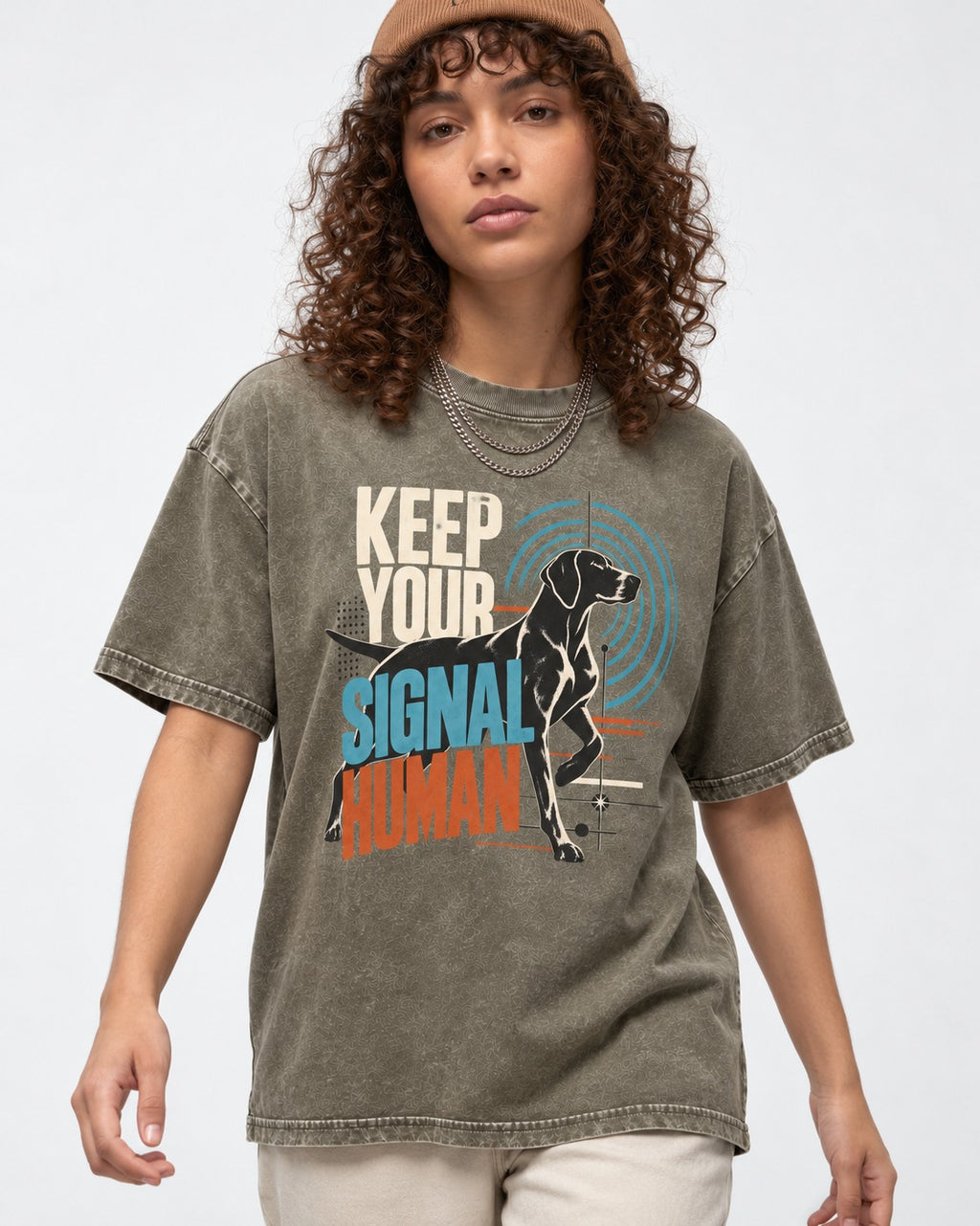 German Shorthaired Pointer Keep Your Signal Human Broadcast Graphic Washed Tee in Army Green, worn by a model