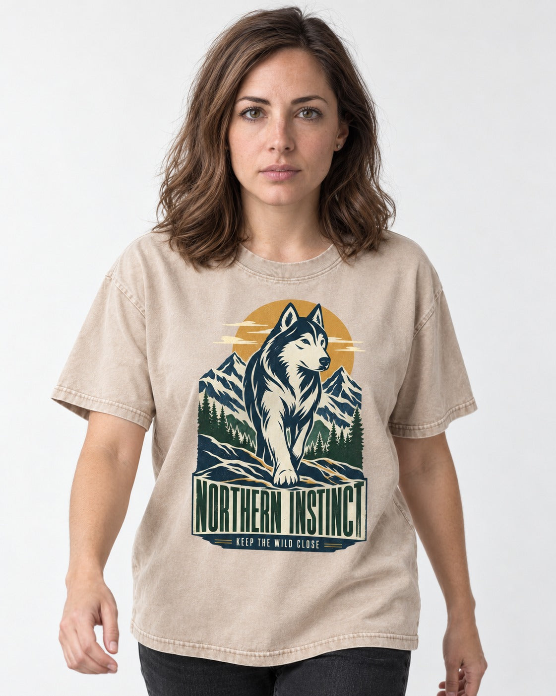 Husky Northern Instinct Mountain Sentinel Washed Tee in Apricot, worn by a model