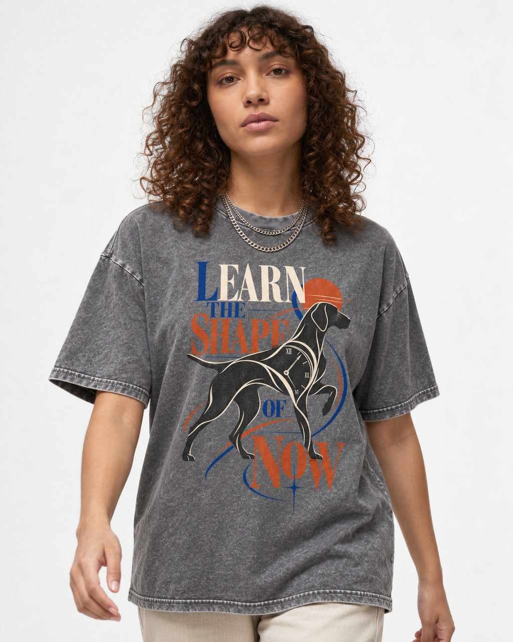 German Shorthaired Pointer Learn the Shape of Now Clock Graphic Washed Tee in Gray, worn by a model