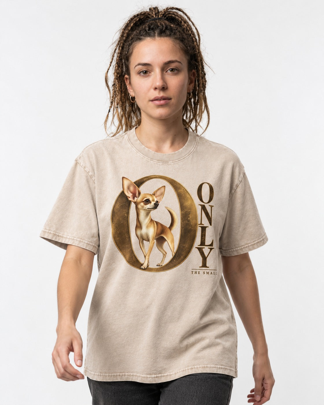 Chihuahua Only the Small Washed Tee in Apricot, worn by a model