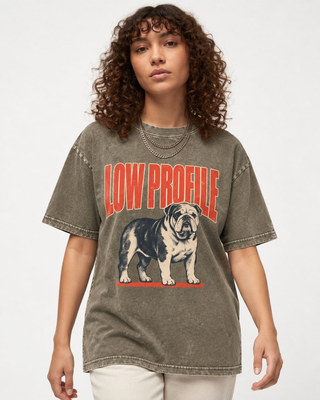 English Bulldog Low Profile Standing Graphic Washed Tee in Army Green, worn by a model
