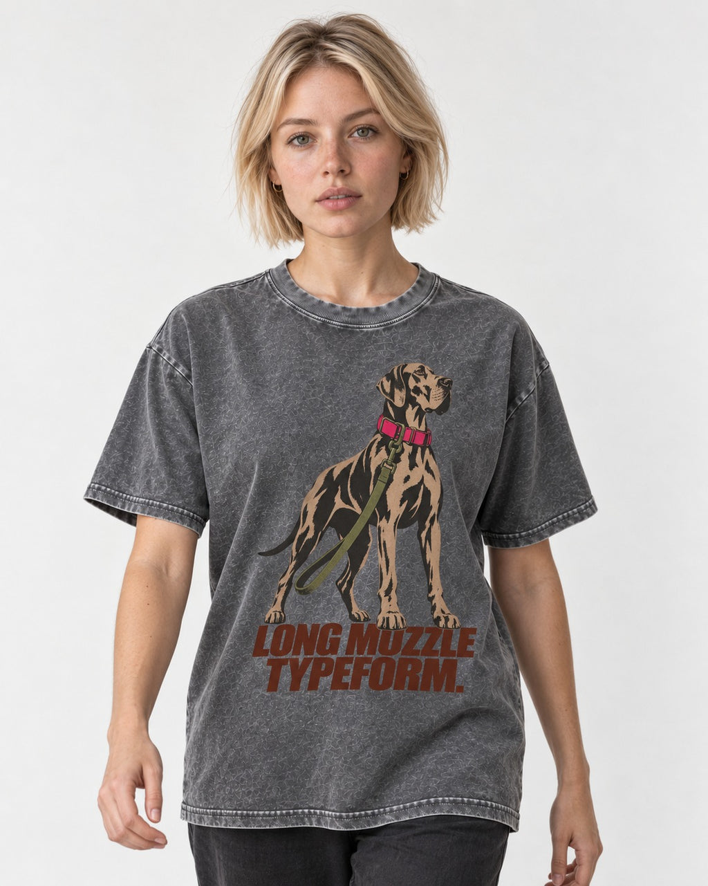 Long Muzzle Typeform Great Dane Washed Tee in Gray, worn by a model