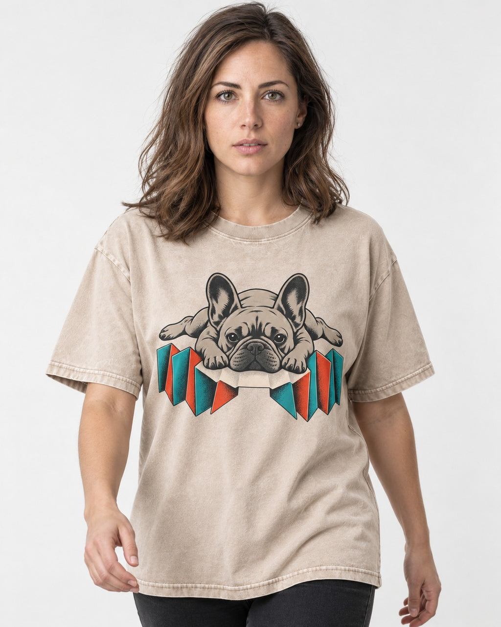 Frenchie Sploot Press Graphic Washed Tee in Apricot, worn by a model