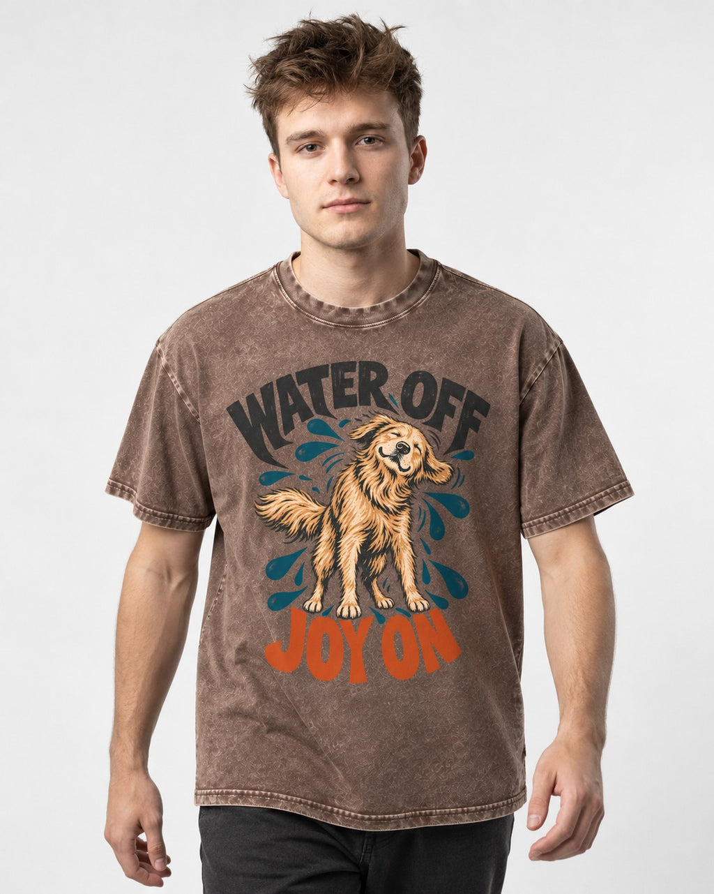 Water Off Joy on Golden Retriever Washed Tee in Coffee, worn by a model
