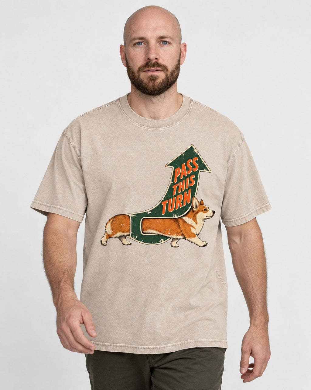 Corgi Pass This Turn Washed Tee in Apricot, worn by a model