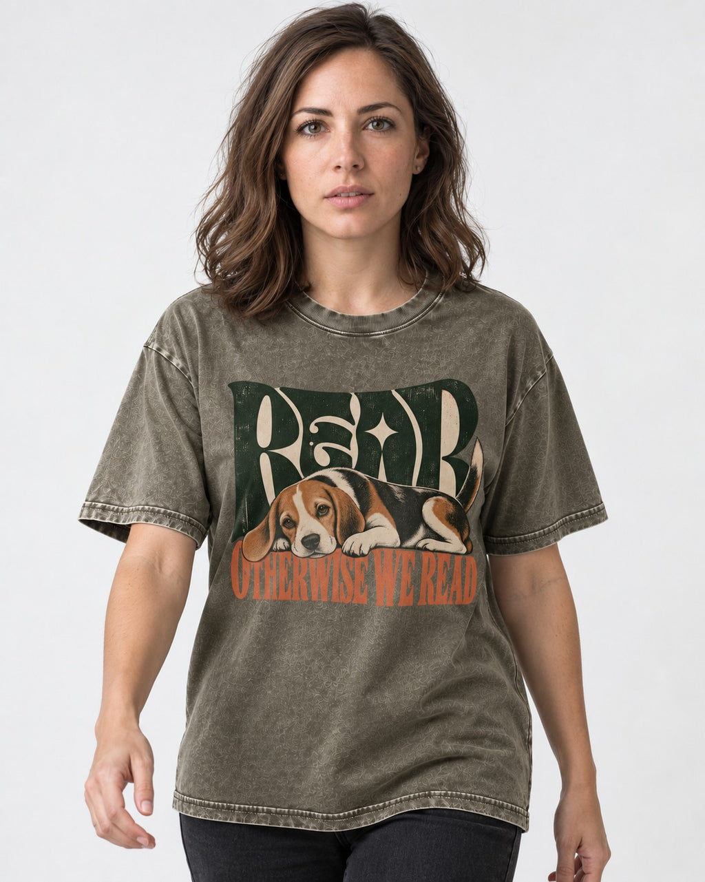 Beagle Read Otherwise We Read Retro Graphic Washed Tee in Army Green, worn by a model