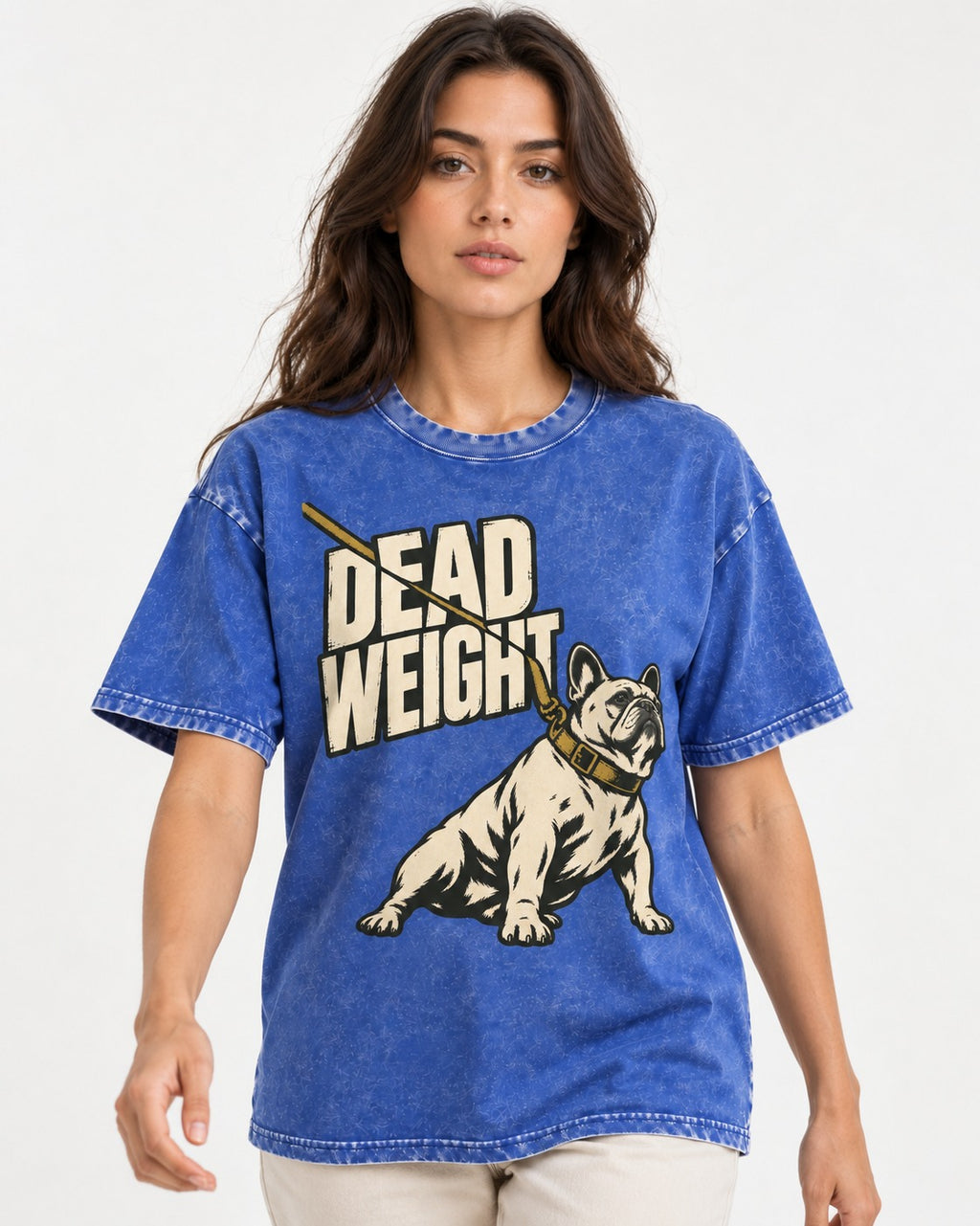 Frenchie Dead Weight Leash Graphic Washed Tee in Royal Blue, worn by a model