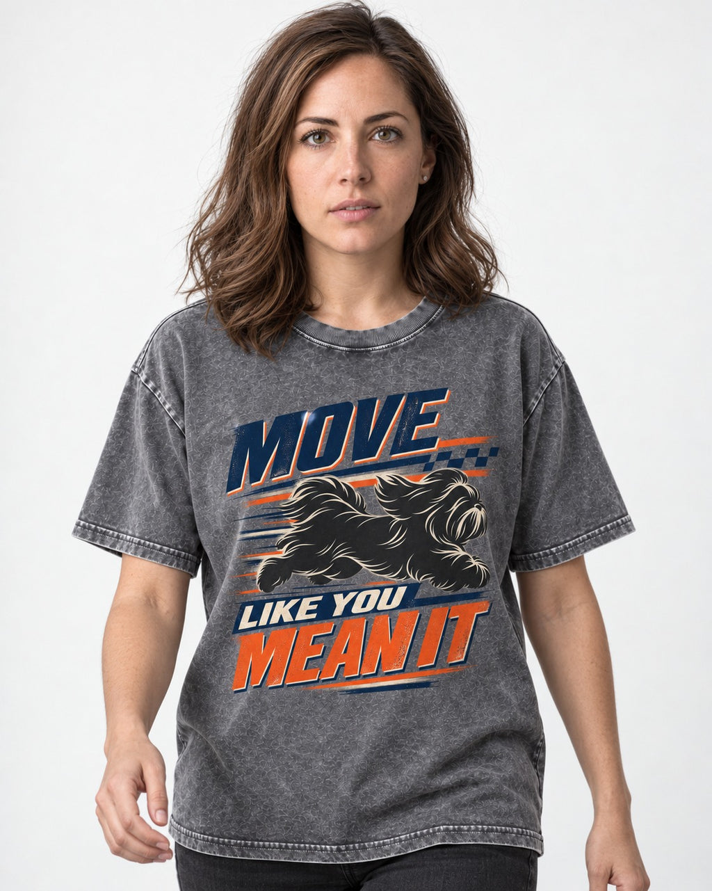 Move and Mean It Shih Tzu Washed Tee in Gray, worn by a model
