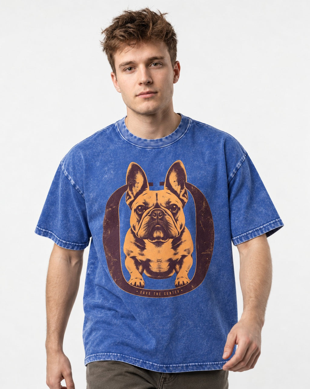 Frenchie Save the Center Oval Portrait Graphic Washed Tee in Royal Blue, worn by a model