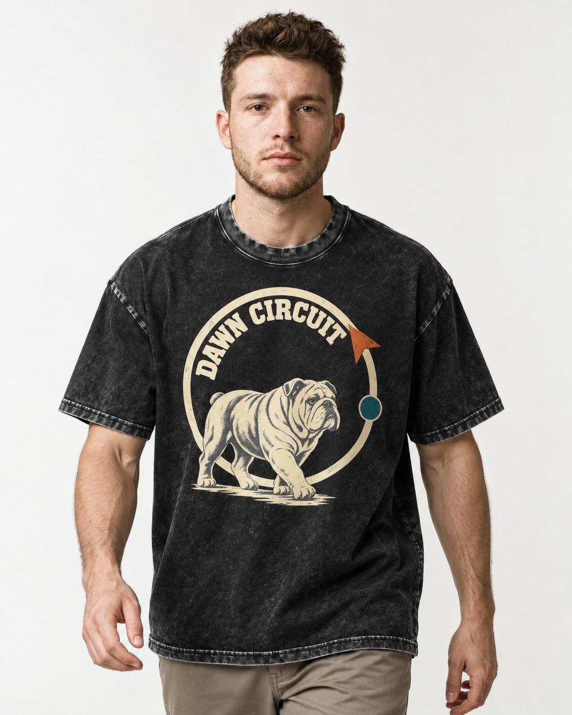 English Bulldog Dawn Circuit Emblem Washed Tee in Black, worn by a model