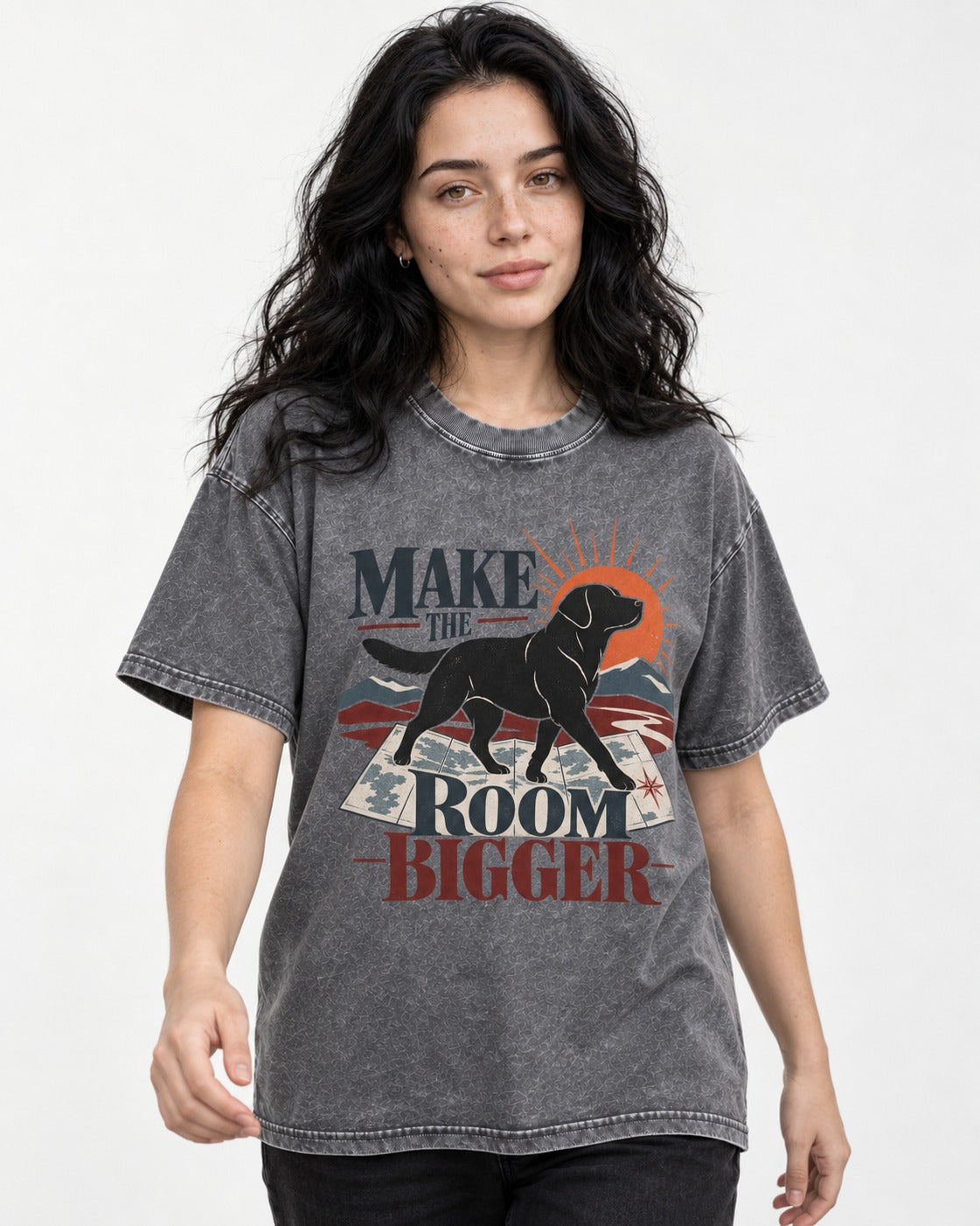 Make the Room Bigger Labrador Retriever Washed Tee in Gray, worn by a model