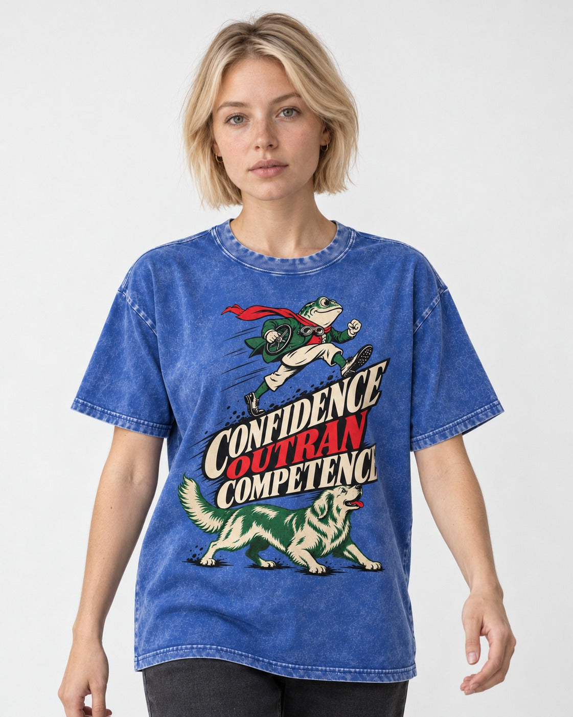 Golden Retriever Confidence Outran Competence Racing Graphic Washed Tee in Royal Blue, worn by a model