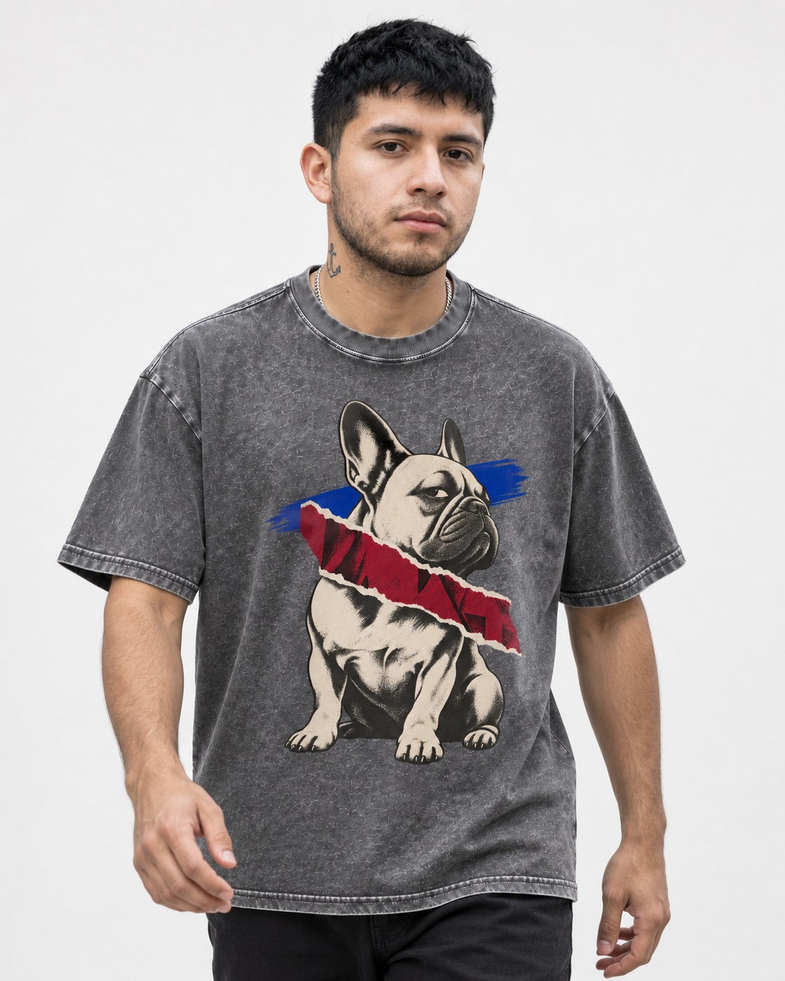 Frenchie Punk Washed Tee in Gray, worn by a model