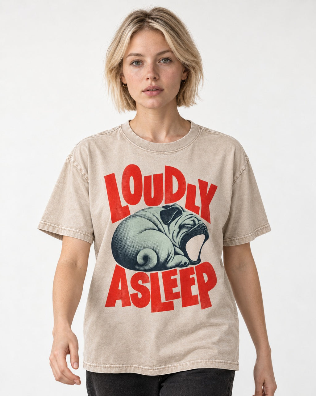 Pug Loudly Asleep Curled Yawn Graphic Washed Tee in Apricot, worn by a model
