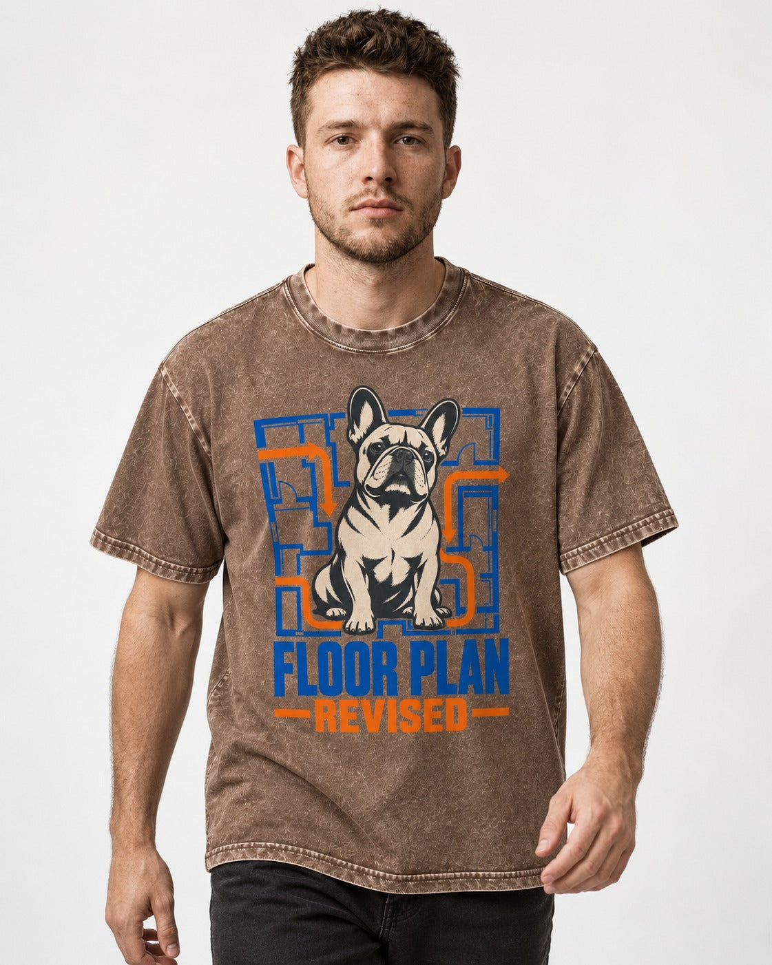 Frenchie Floor Plan Revised Washed Tee in Coffee, worn by a model