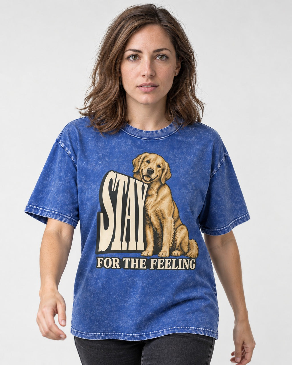 Golden Retriever Stay for the Feeling Leaning Puppy Graphic Washed Tee in Royal Blue, worn by a model
