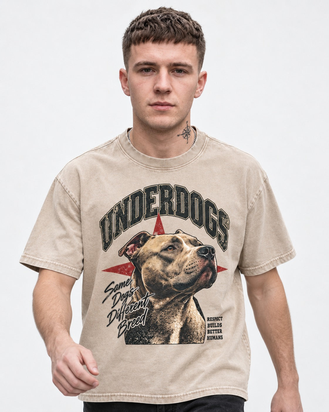 Pitbull Underdogs Same Dogs Different Breed Portrait Graphic Washed Tee in Apricot, worn by a model