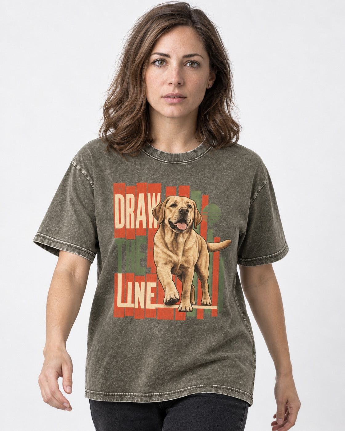 Labrador Retriever Draw the Line Stepping Graphic Washed Tee in Army Green, worn by a model