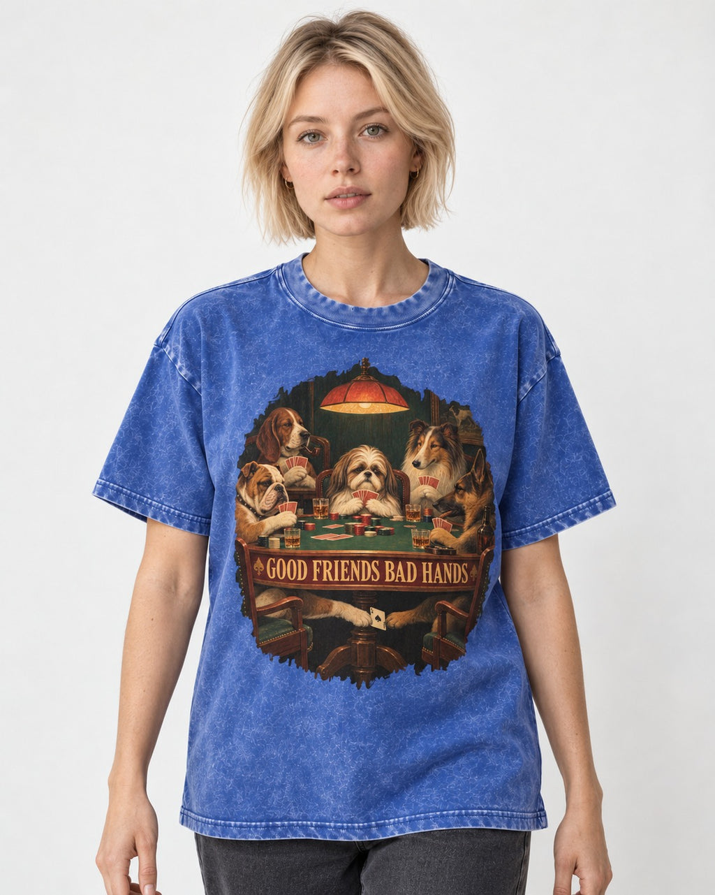 Shih Tzu Good Friends Bad Hands Poker Night Graphic Washed Tee in Royal Blue, worn by a model