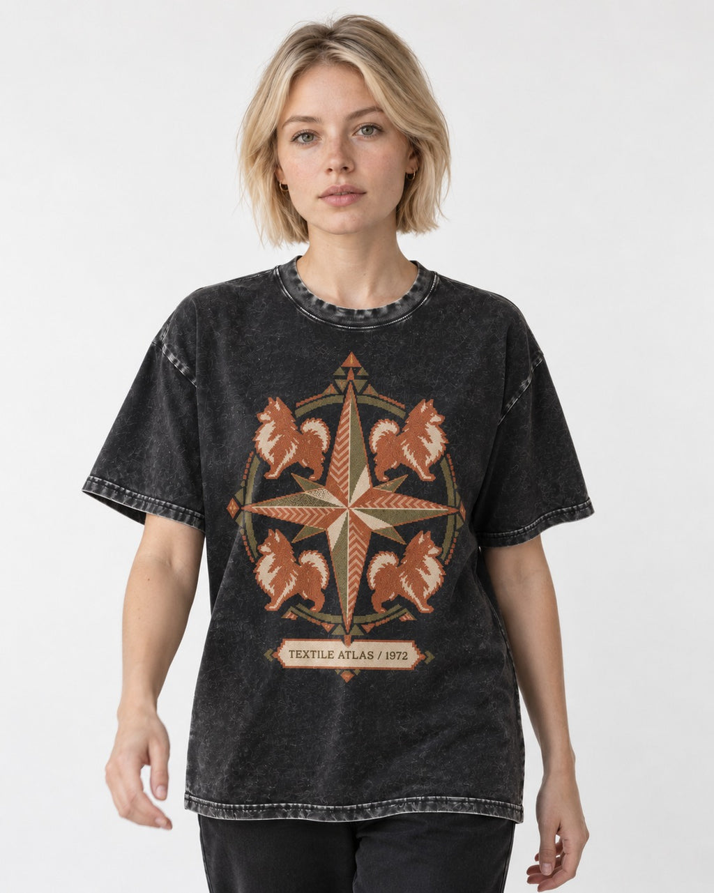Pomeranian Textile Atlas Compass Rose Graphic Washed Tee in Black, worn by a model