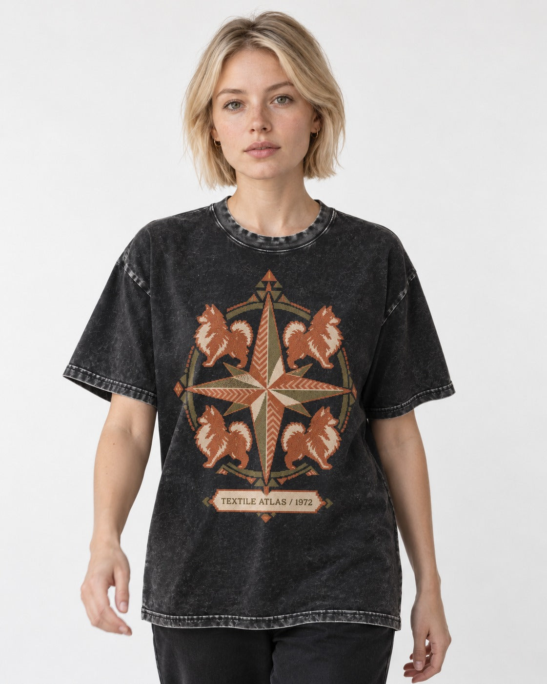 Pomeranian Textile Atlas Compass Rose Graphic Washed Tee in Black, worn by a model