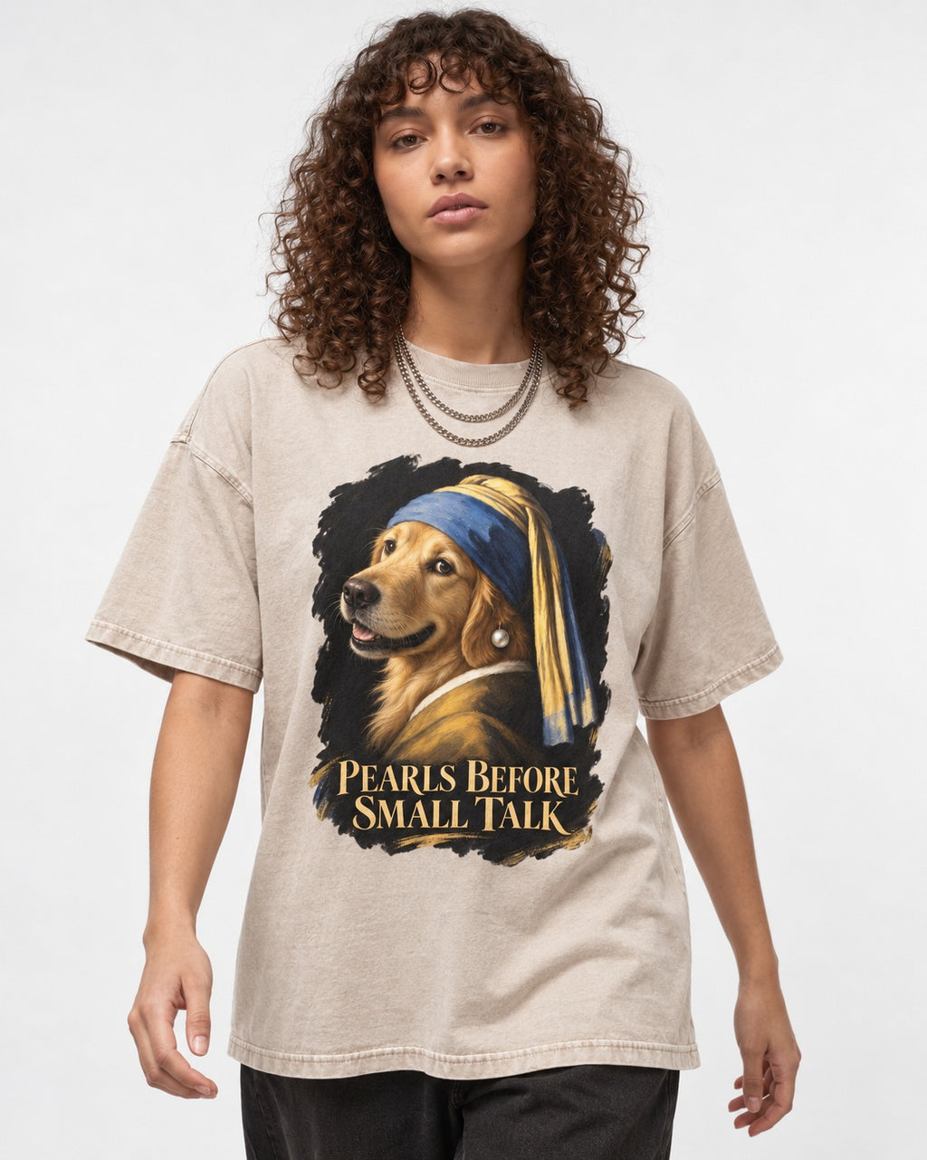 Pearls Before Small Talk Pearl Portrait Golden Retriever Graphic Washed Tee in Apricot, worn by a model