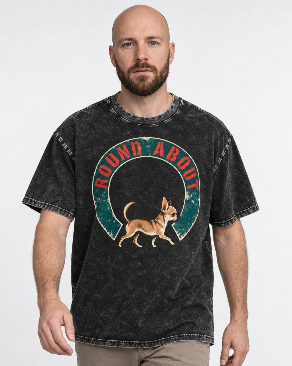 Round About Chihuahua Emblem Graphic Washed Tee in Black, worn by a model