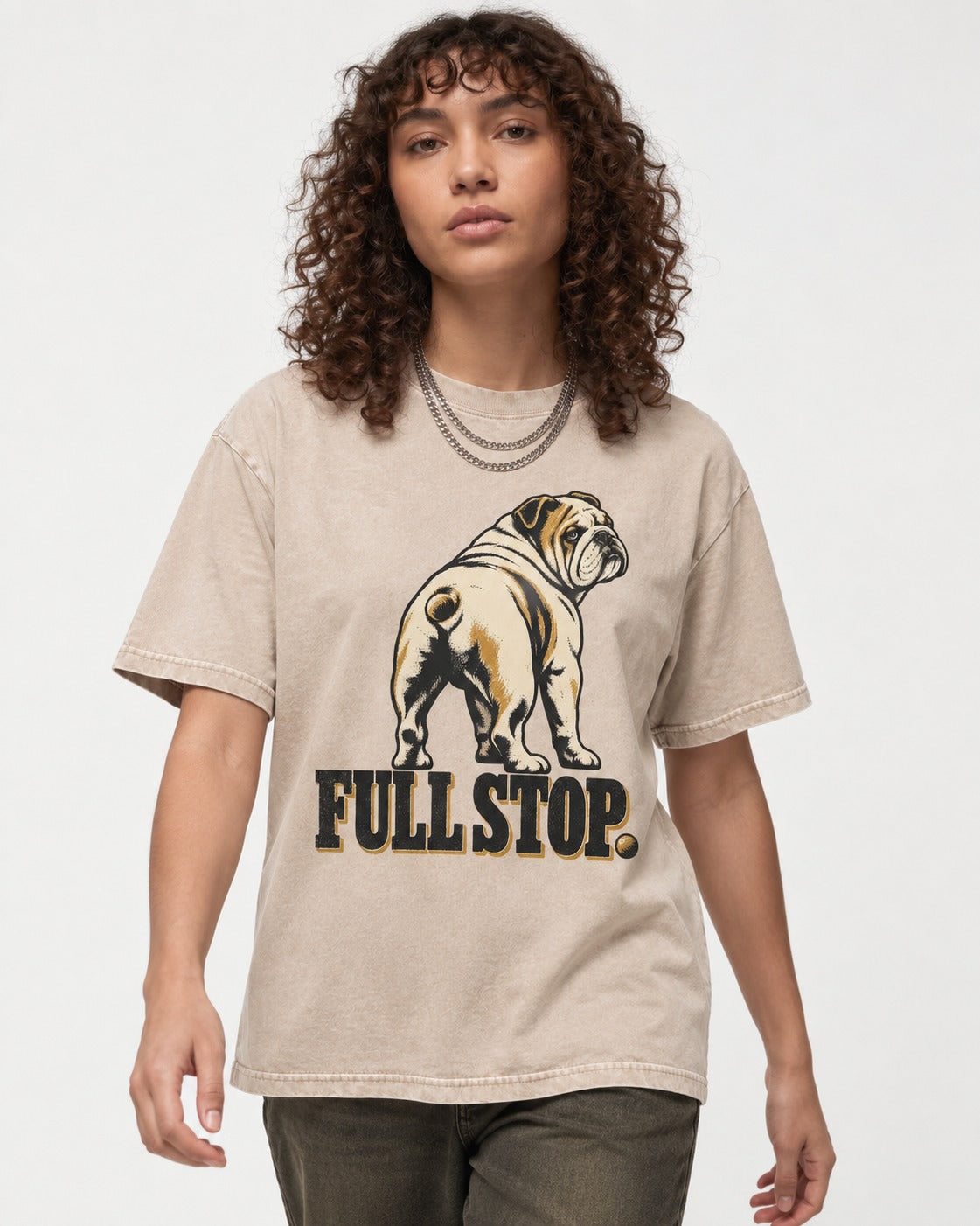English Bulldog Full Stop Washed Tee in Apricot, worn by a model